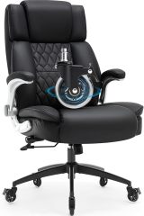 High Back Office Chair with Locking Wheels, Large Executive Desk Chair, Flip Arms Adjustable Lumbar Support, Ergonomic Synthetic Leather Computer Chair Prevents Cats Scratching, Thick Padded, Black