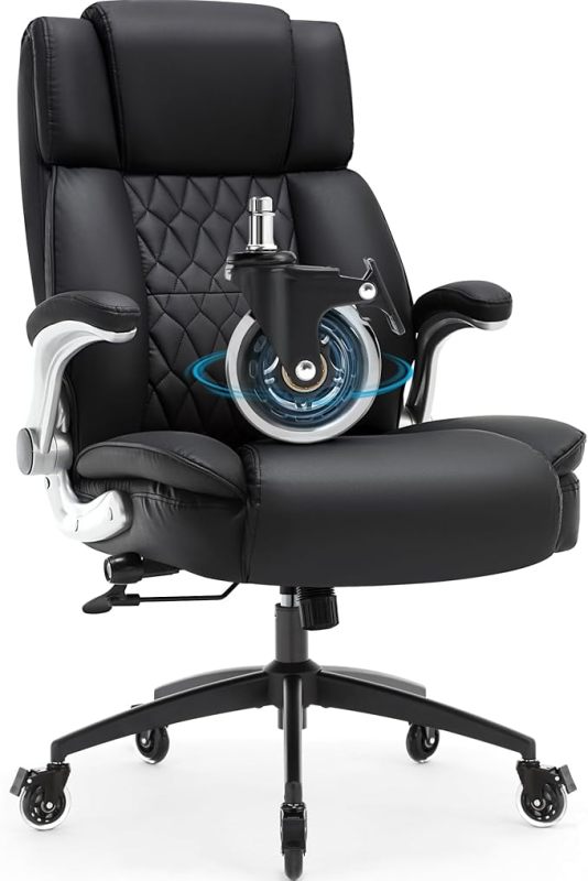High Back Office Chair with Locking Wheels, Large Executive Desk Chair, Flip Arms Adjustable Lumbar Support, Ergonomic Synthetic Leather Computer Chair Prevents Cats Scratching, Thick Padded, Black