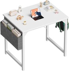 Computer Desk 32 Inch Small Office Writing Work Study Kids Student Bedroom Wood Modern Simple Table with Storage Bag & Headphone Hooks, White