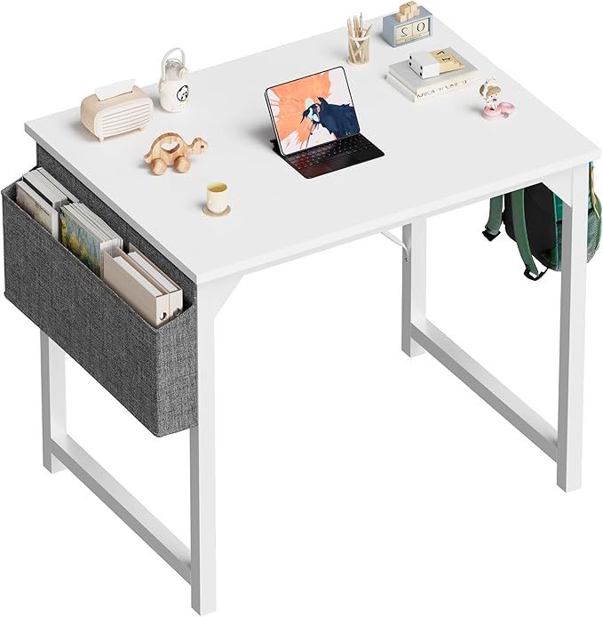 Computer Desk 32 Inch Small Office Writing Work Study Kids Student Bedroom Wood Modern Simple Table with Storage Bag & Headphone Hooks, White