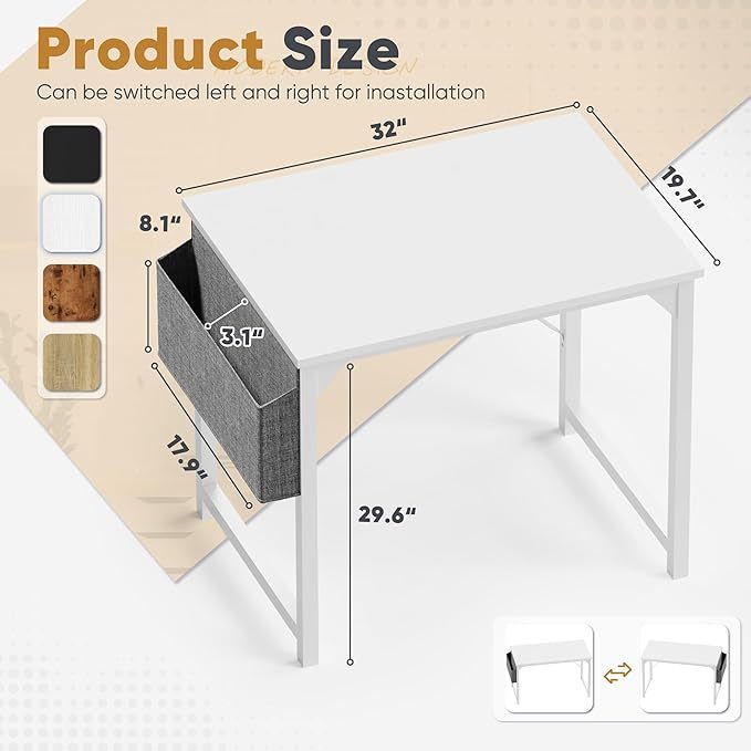 Computer Desk 32 Inch Small Office Writing Work Study Kids Student Bedroom Wood Modern Simple Table with Storage Bag & Headphone Hooks, White