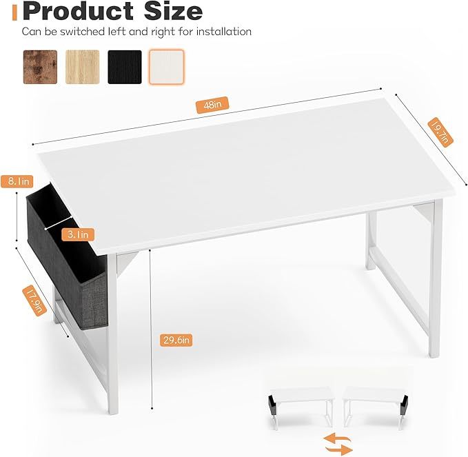 48 Inch Computer Desk, Wood Modern Simple PC Home Office Table with Storage Bag and Headphone Hook for Home, Office, Study, Writing, White