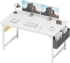 48 Inch Computer Desk, Wood Modern Simple PC Home Office Table with Storage Bag and Headphone Hook for Home, Office, Study, Writing, White