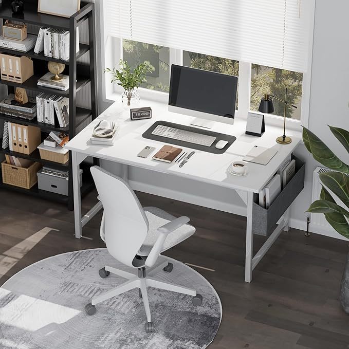 48 Inch Computer Desk, Wood Modern Simple PC Home Office Table with Storage Bag and Headphone Hook for Home, Office, Study, Writing, White