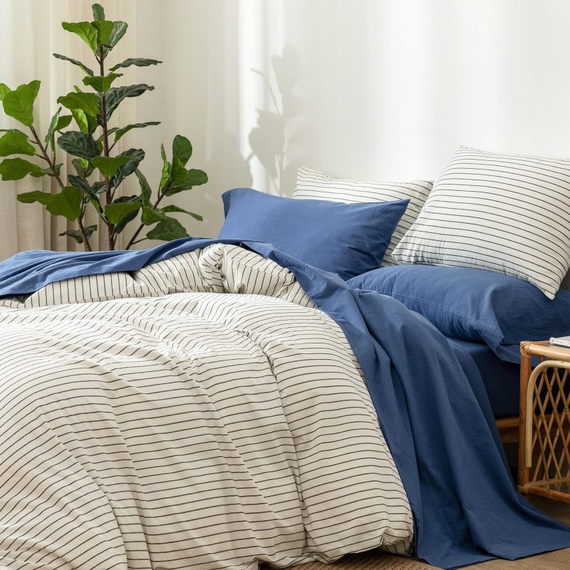 1   MooMee Bedding Sheet Set 100% Washed Cotton Linen Like Textured Breathable Durable Soft Comfy (Dark Grey, King)