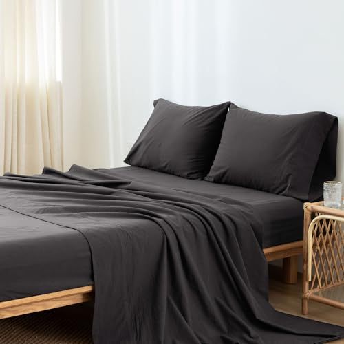 1   MooMee Bedding Sheet Set 100% Washed Cotton Linen Like Textured Breathable Durable Soft Comfy (Dark Grey, King)