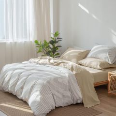 1   MooMee Bedding Sheet Set 100% Washed Cotton Linen Like Textured Breathable Durable Soft Comfy (Dark Grey, King)
