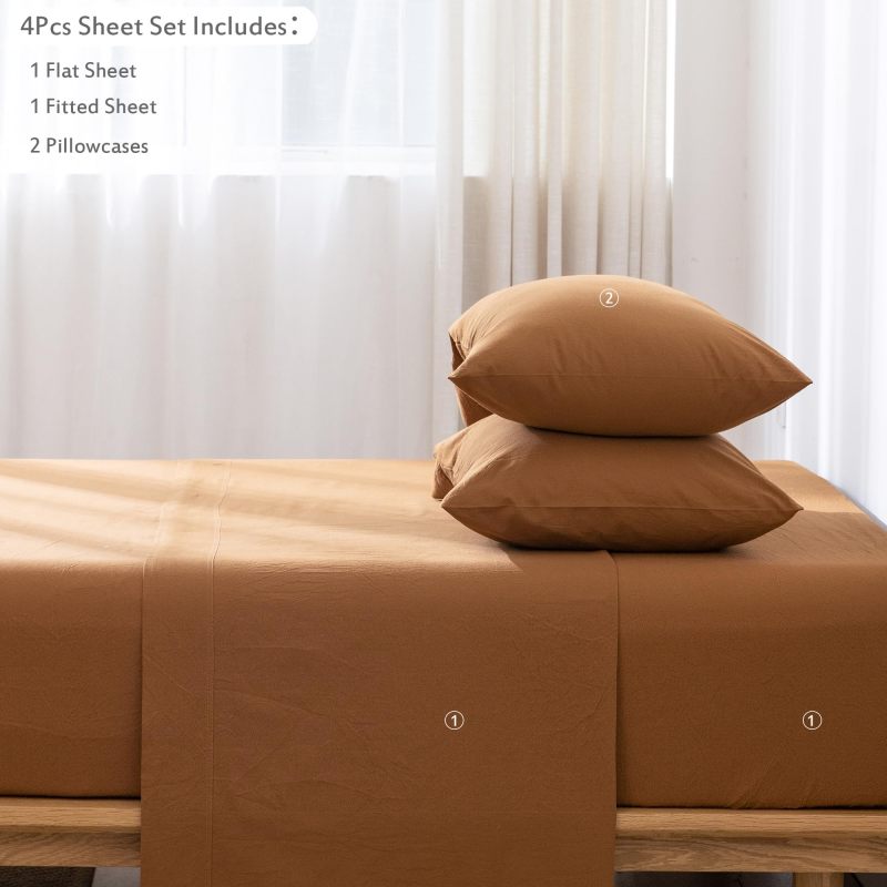 1   MooMee Bedding Sheet Set 100% Washed Cotton Linen Like Textured Breathable Durable Soft Comfy (Dark Grey, King)