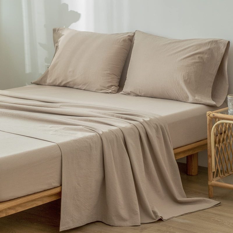 1   MooMee Bedding Sheet Set 100% Washed Cotton Linen Like Textured Breathable Durable Soft Comfy (Dark Grey, King)