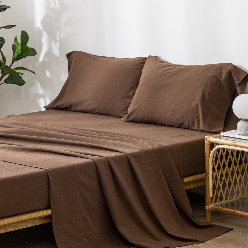 1   MooMee Bedding Sheet Set 100% Washed Cotton Linen Like Textured Breathable Durable Soft Comfy (Dark Grey, King)