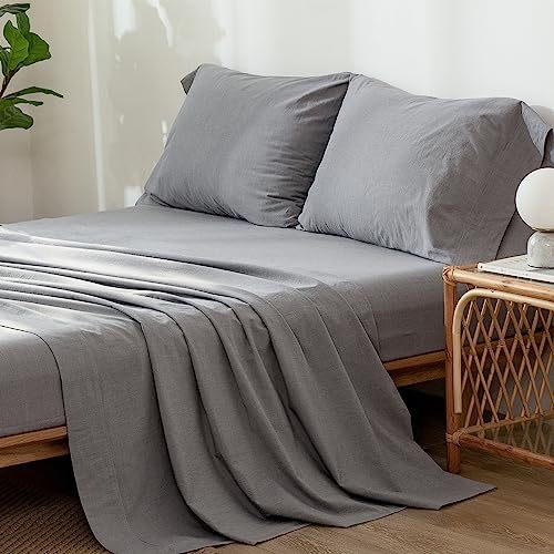 1   MooMee Bedding Sheet Set 100% Washed Cotton Linen Like Textured Breathable Durable Soft Comfy (Dark Grey, King)