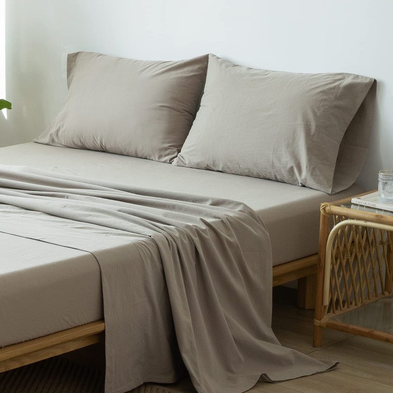 1   MooMee Bedding Sheet Set 100% Washed Cotton Linen Like Textured Breathable Durable Soft Comfy (Dark Grey, King)