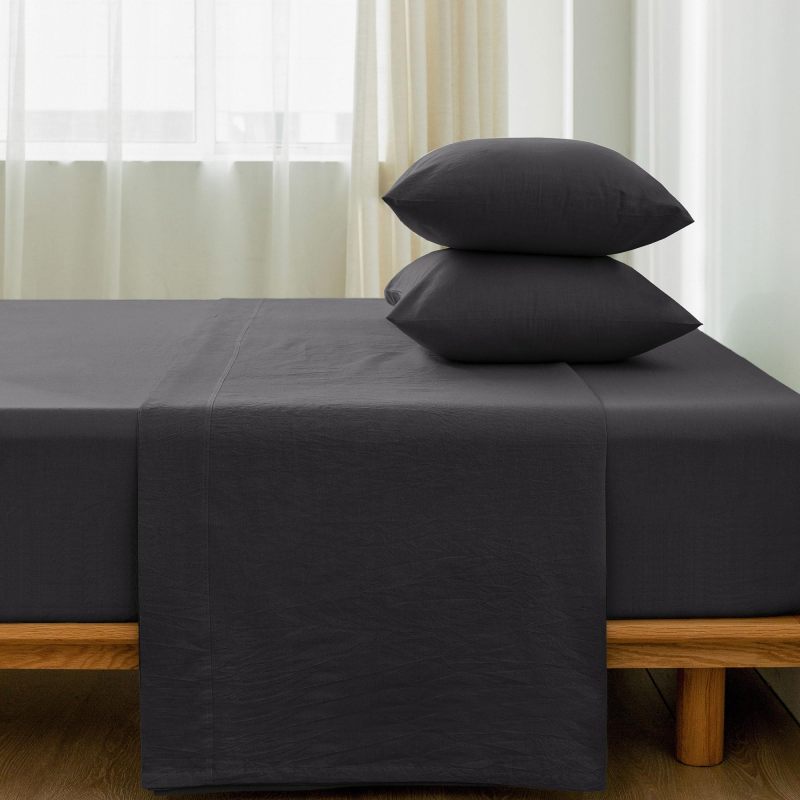 1   MooMee Bedding Sheet Set 100% Washed Cotton Linen Like Textured Breathable Durable Soft Comfy (Dark Grey, King)