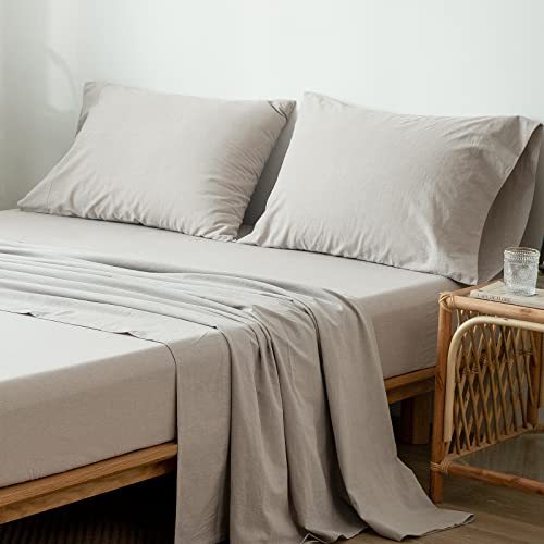 1   MooMee Bedding Sheet Set 100% Washed Cotton Linen Like Textured Breathable Durable Soft Comfy (Dark Grey, King)
