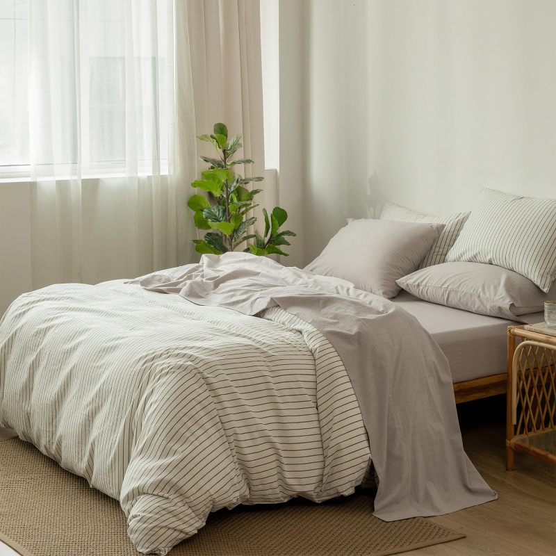 1   MooMee Bedding Sheet Set 100% Washed Cotton Linen Like Textured Breathable Durable Soft Comfy (Dark Grey, King)