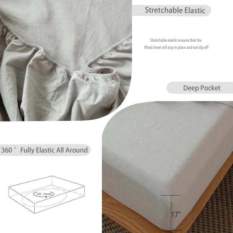 1   MooMee Bedding Sheet Set 100% Washed Cotton Linen Like Textured Breathable Durable Soft Comfy (Dark Grey, King)