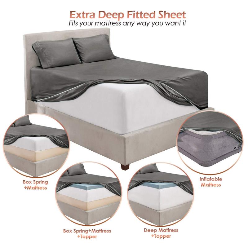 1Extra Deep Pocket King Size Sheets Sets - Fits Mattress 18-24 Inches Deep - Extra Deep Pocket Sheets - 6 Piece King Size Sheets - King Sheets Deep Pocket - Grey Sheets