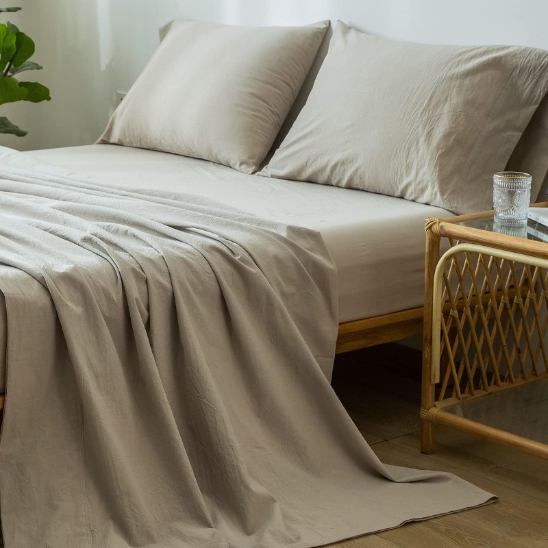1   MooMee Bedding Sheet Set 100% Washed Cotton Linen Like Textured Breathable Durable Soft Comfy (Dark Grey, King)