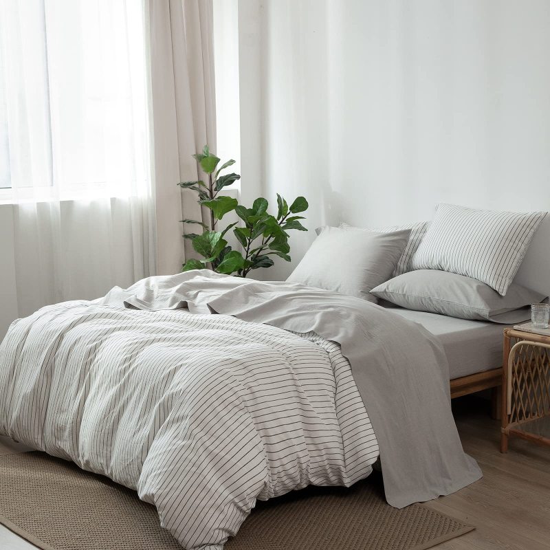 1   MooMee Bedding Sheet Set 100% Washed Cotton Linen Like Textured Breathable Durable Soft Comfy (Dark Grey, King)