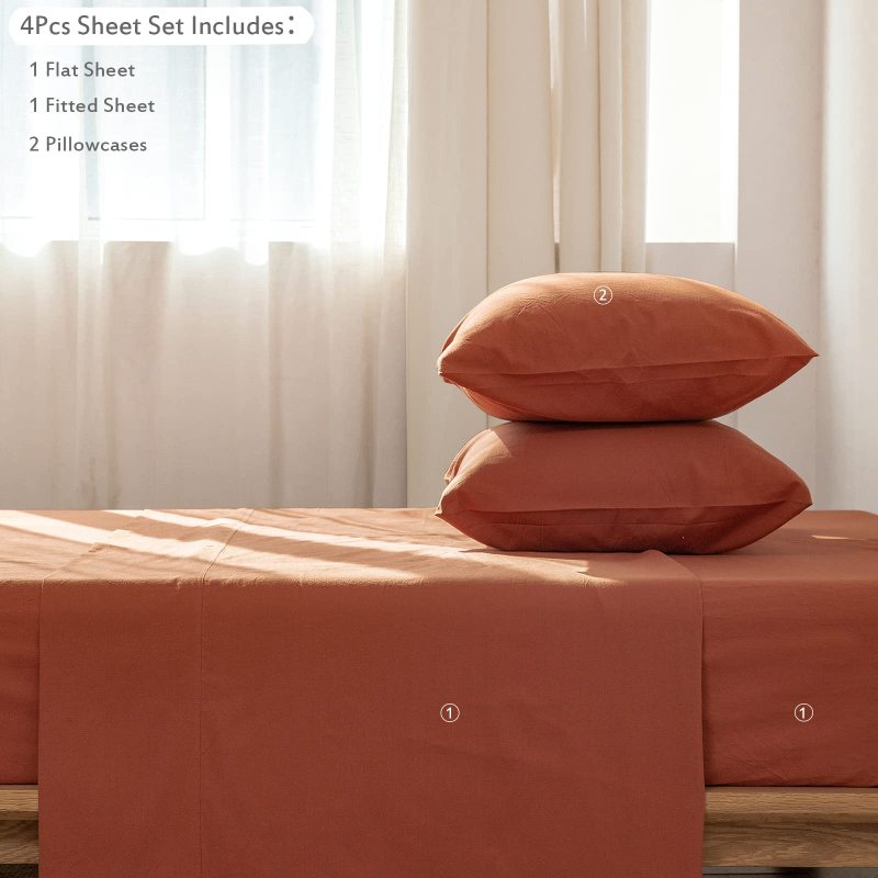 改MooMee Bedding Sheet Set 100% Washed Cotton Linen Like Textured Breathable Durable Soft Comfy (Dark Grey, King)