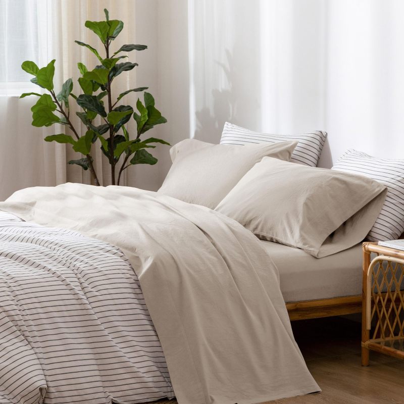 1   MooMee Bedding Sheet Set 100% Washed Cotton Linen Like Textured Breathable Durable Soft Comfy (Dark Grey, King)