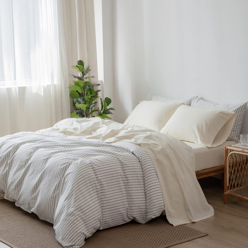 1   MooMee Bedding Sheet Set 100% Washed Cotton Linen Like Textured Breathable Durable Soft Comfy (Dark Grey, King)