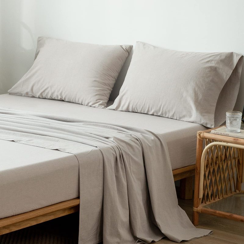 1   MooMee Bedding Sheet Set 100% Washed Cotton Linen Like Textured Breathable Durable Soft Comfy (Dark Grey, King)