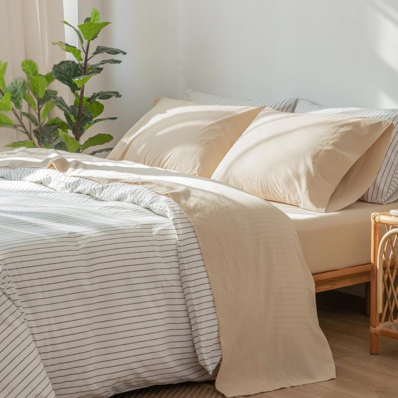 1   MooMee Bedding Sheet Set 100% Washed Cotton Linen Like Textured Breathable Durable Soft Comfy (Dark Grey, King)