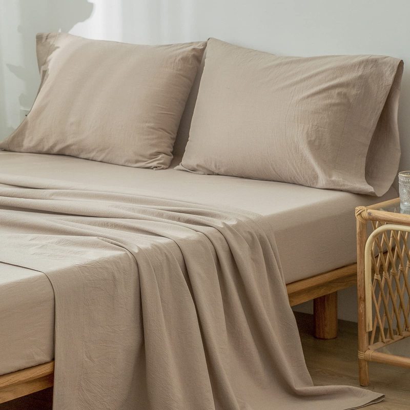 1   MooMee Bedding Sheet Set 100% Washed Cotton Linen Like Textured Breathable Durable Soft Comfy (Dark Grey, King)
