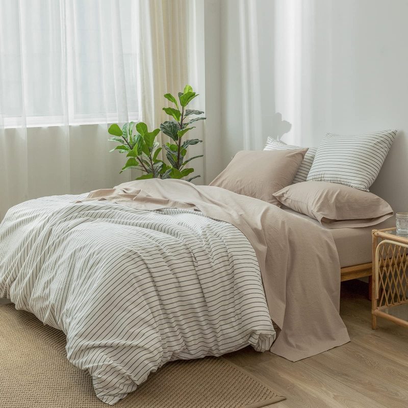 1   MooMee Bedding Sheet Set 100% Washed Cotton Linen Like Textured Breathable Durable Soft Comfy (Dark Grey, King)