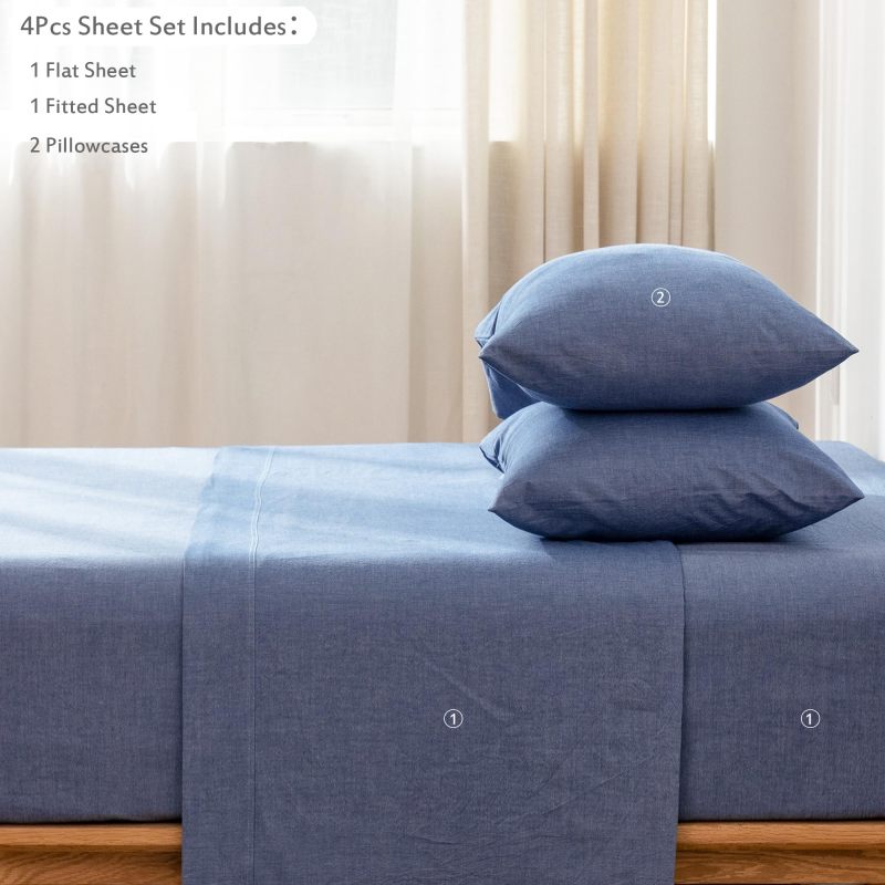 1   MooMee Bedding Sheet Set 100% Washed Cotton Linen Like Textured Breathable Durable Soft Comfy (Dark Grey, King)