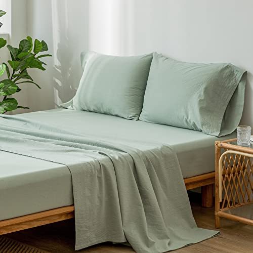 1   MooMee Bedding Sheet Set 100% Washed Cotton Linen Like Textured Breathable Durable Soft Comfy (Dark Grey, King)