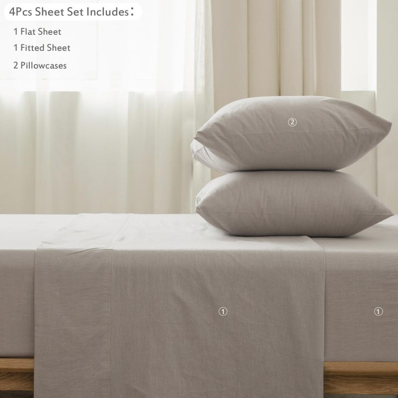 1   MooMee Bedding Sheet Set 100% Washed Cotton Linen Like Textured Breathable Durable Soft Comfy (Dark Grey, King)
