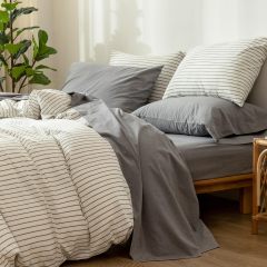 1   MooMee Bedding Sheet Set 100% Washed Cotton Linen Like Textured Breathable Durable Soft Comfy (Dark Grey, King)