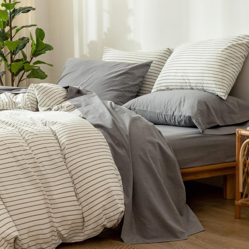 1   MooMee Bedding Sheet Set 100% Washed Cotton Linen Like Textured Breathable Durable Soft Comfy (Dark Grey, King)