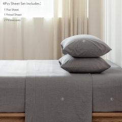1   MooMee Bedding Sheet Set 100% Washed Cotton Linen Like Textured Breathable Durable Soft Comfy (Dark Grey, King)