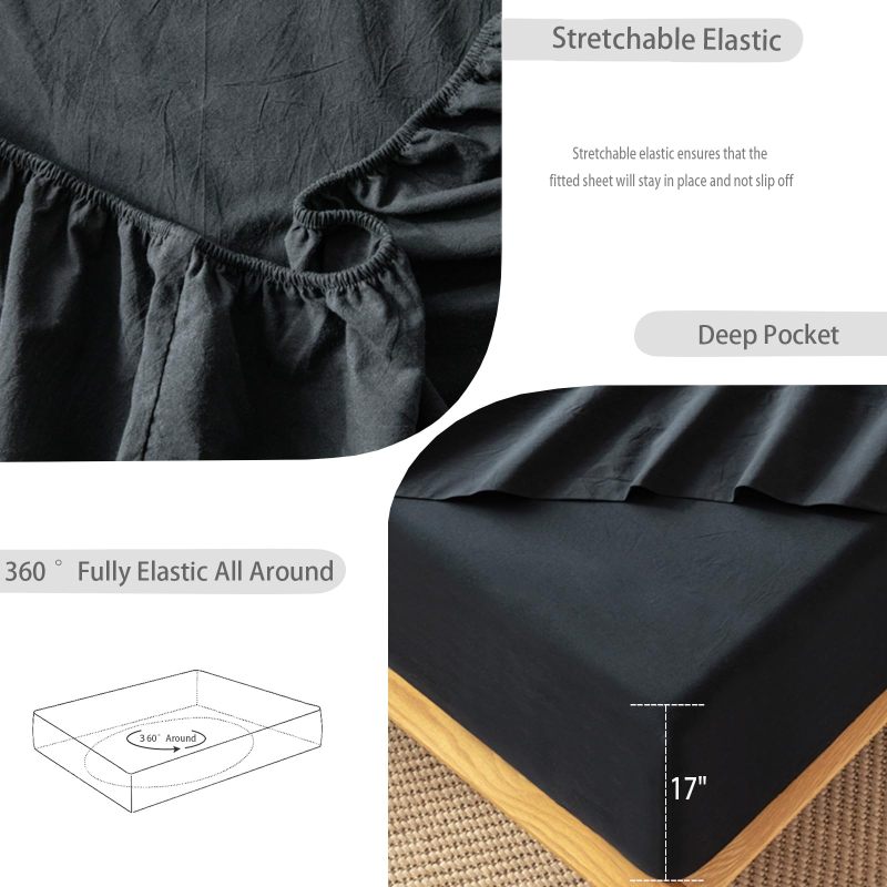 1   MooMee Bedding Sheet Set 100% Washed Cotton Linen Like Textured Breathable Durable Soft Comfy (Dark Grey, King)