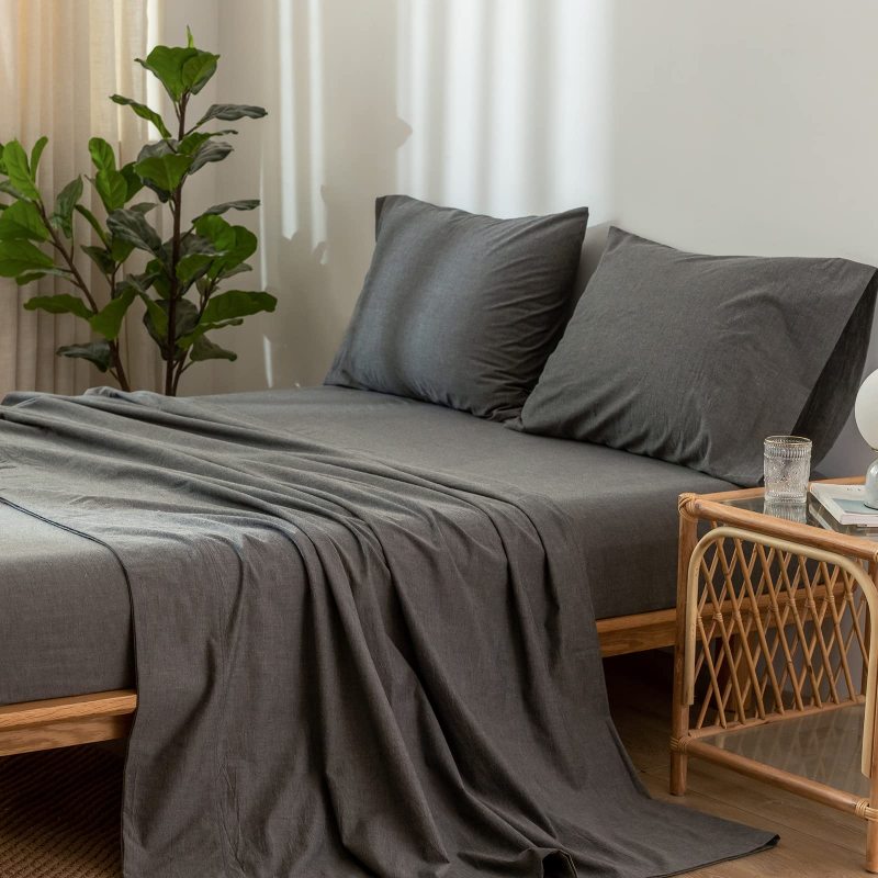 1   MooMee Bedding Sheet Set 100% Washed Cotton Linen Like Textured Breathable Durable Soft Comfy (Dark Grey, King)