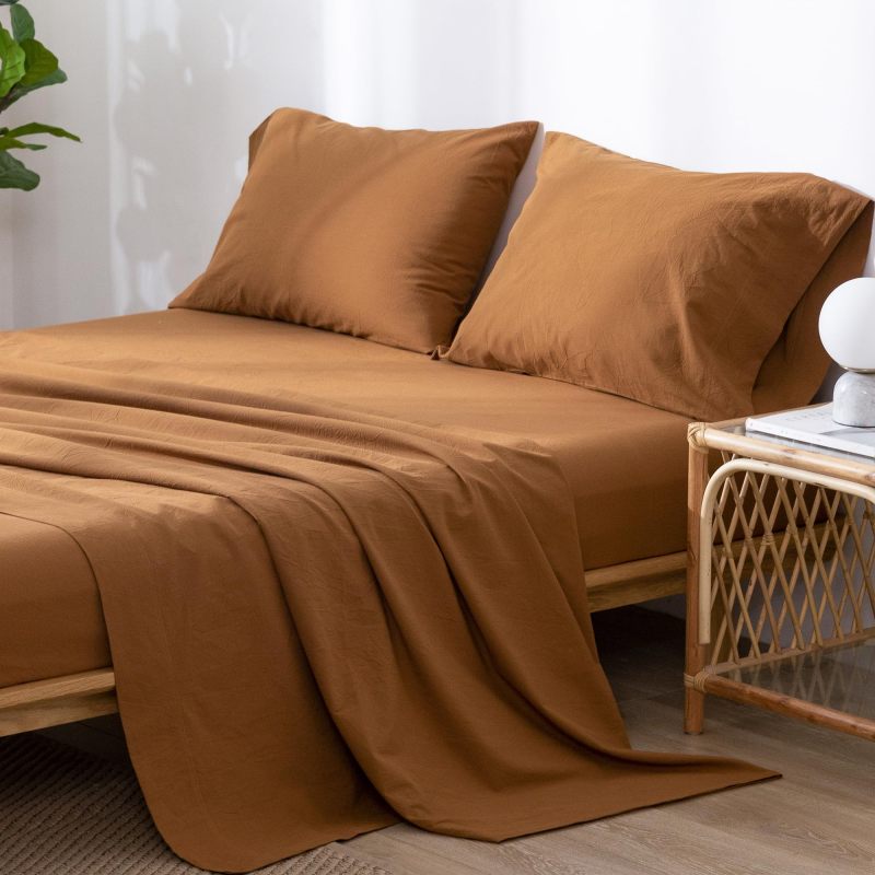 1   MooMee Bedding Sheet Set 100% Washed Cotton Linen Like Textured Breathable Durable Soft Comfy (Dark Grey, King)