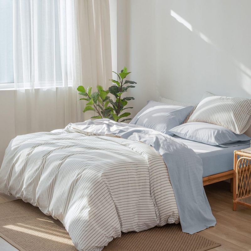 1   MooMee Bedding Sheet Set 100% Washed Cotton Linen Like Textured Breathable Durable Soft Comfy (Dark Grey, King)