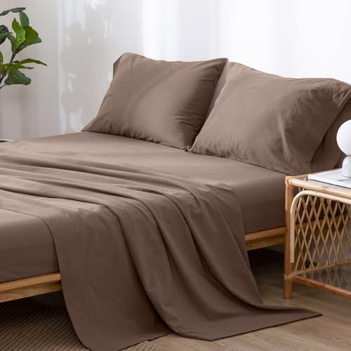 1   MooMee Bedding Sheet Set 100% Washed Cotton Linen Like Textured Breathable Durable Soft Comfy (Dark Grey, King)