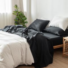 1   MooMee Bedding Sheet Set 100% Washed Cotton Linen Like Textured Breathable Durable Soft Comfy (Dark Grey, King)