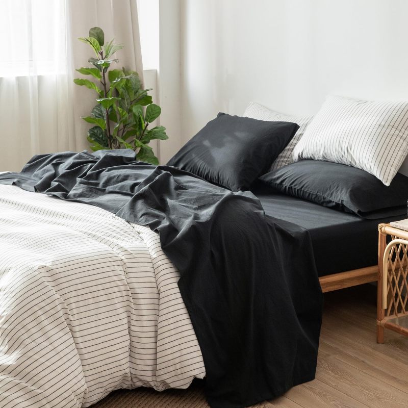 1   MooMee Bedding Sheet Set 100% Washed Cotton Linen Like Textured Breathable Durable Soft Comfy (Dark Grey, King)