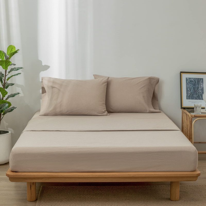 1   MooMee Bedding Sheet Set 100% Washed Cotton Linen Like Textured Breathable Durable Soft Comfy (Dark Grey, King)