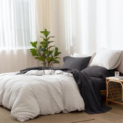 1   MooMee Bedding Sheet Set 100% Washed Cotton Linen Like Textured Breathable Durable Soft Comfy (Dark Grey, King)