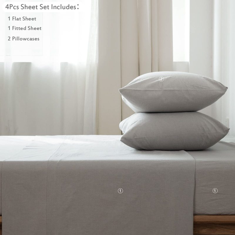 1   MooMee Bedding Sheet Set 100% Washed Cotton Linen Like Textured Breathable Durable Soft Comfy (Dark Grey, King)