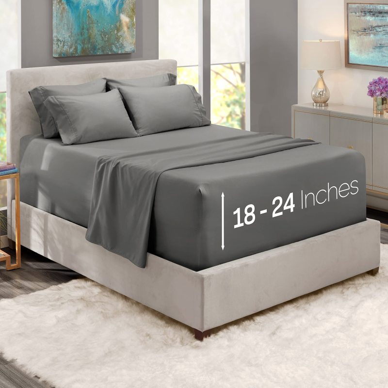 1Extra Deep Pocket King Size Sheets Sets - Fits Mattress 18-24 Inches Deep - Extra Deep Pocket Sheets - 6 Piece King Size Sheets - King Sheets Deep Pocket - Grey Sheets