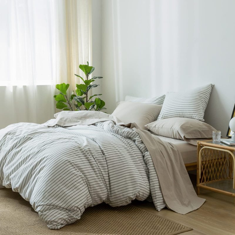 1   MooMee Bedding Sheet Set 100% Washed Cotton Linen Like Textured Breathable Durable Soft Comfy (Dark Grey, King)