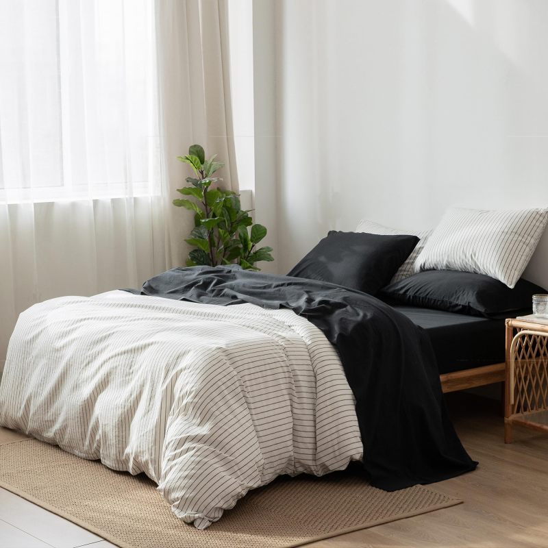 1   MooMee Bedding Sheet Set 100% Washed Cotton Linen Like Textured Breathable Durable Soft Comfy (Dark Grey, King)
