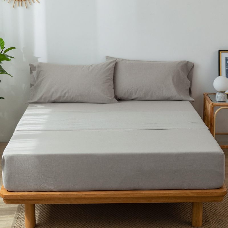 1   MooMee Bedding Sheet Set 100% Washed Cotton Linen Like Textured Breathable Durable Soft Comfy (Dark Grey, King)